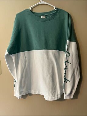 Victoria Secret Pink teal green and white color block varsity crew pullover top.